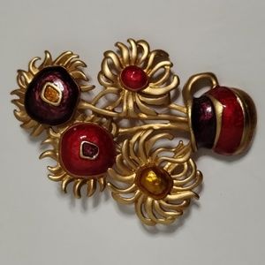 Avon YSL Red Enamel Sunflower Brooch Brushed Gold Signed 90s Yves St Laurent